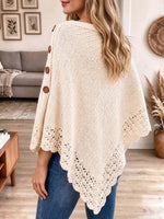 Off-White Asymmetrical Knit Poncho with Wood Buttons and Scalloped Lace