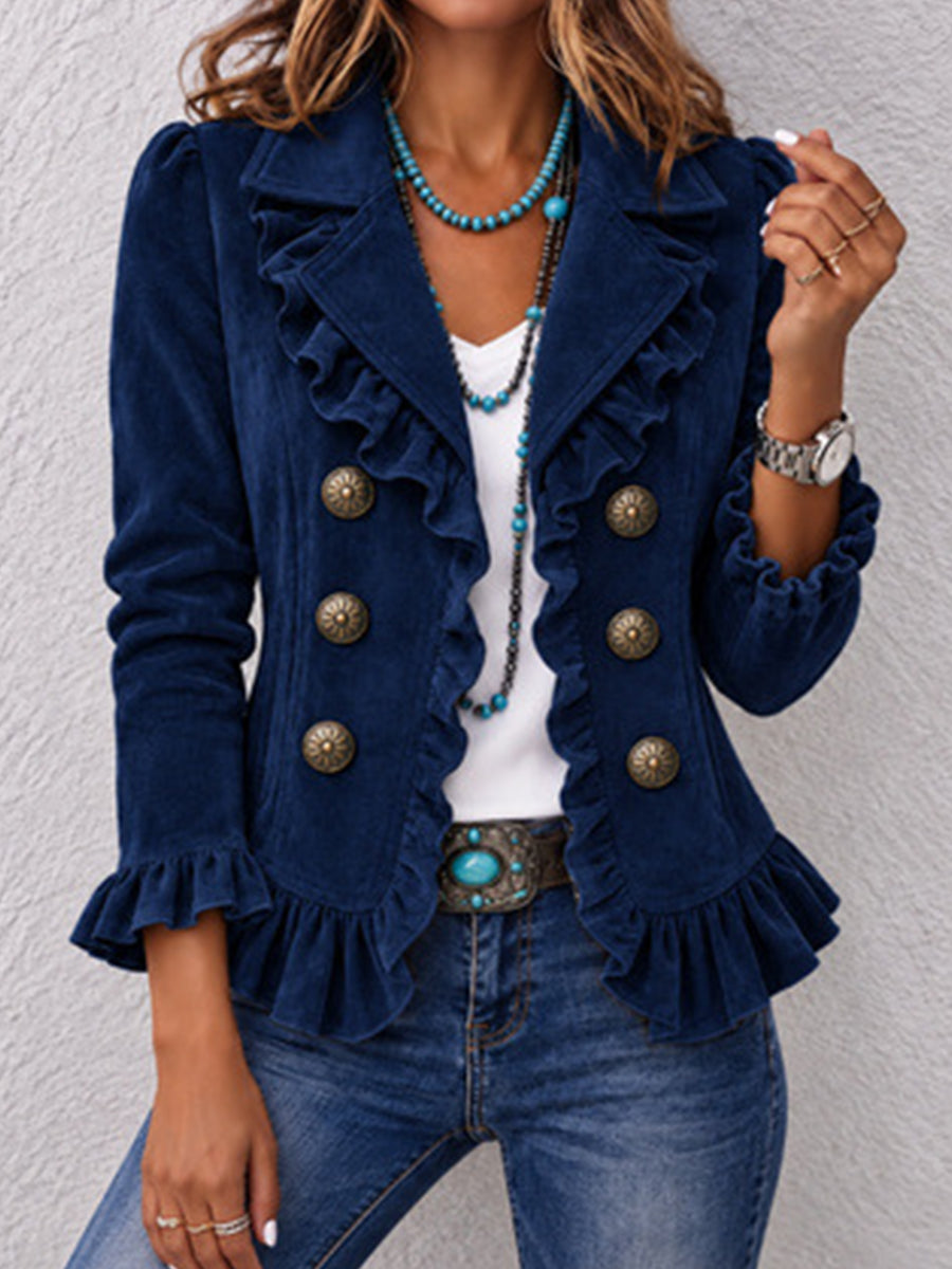 Vintage Ruffle-Trim Suede-Texture Blazer