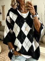 Checked-print Casual Hooded Knit Drawstring Sweatshirt
