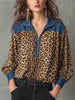 Stylish Casual Denim and Leopard Print Half-Zip Top