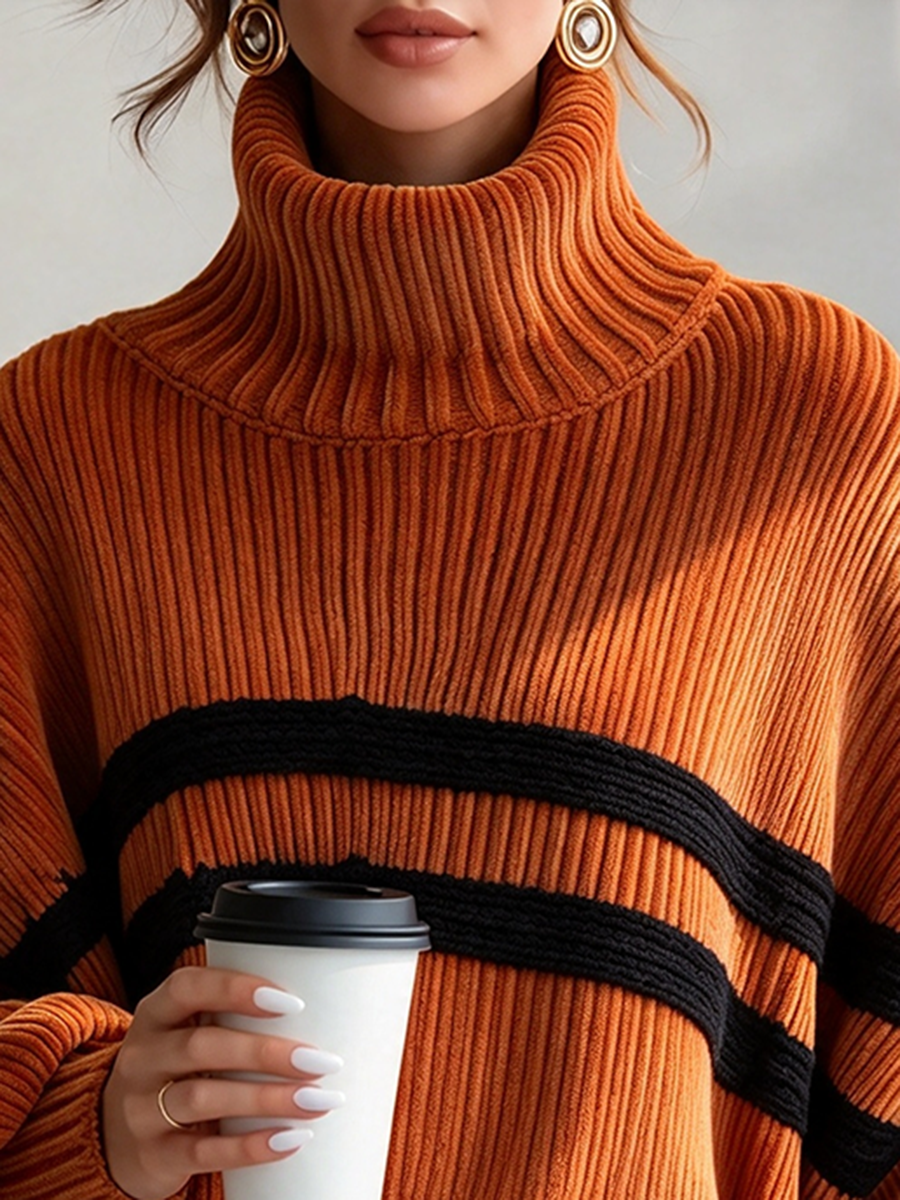 Cozy Chic Orange Turtleneck Striped Oversized Top