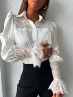Elegant Lace-Paneled Bishop Sleeve Blouse