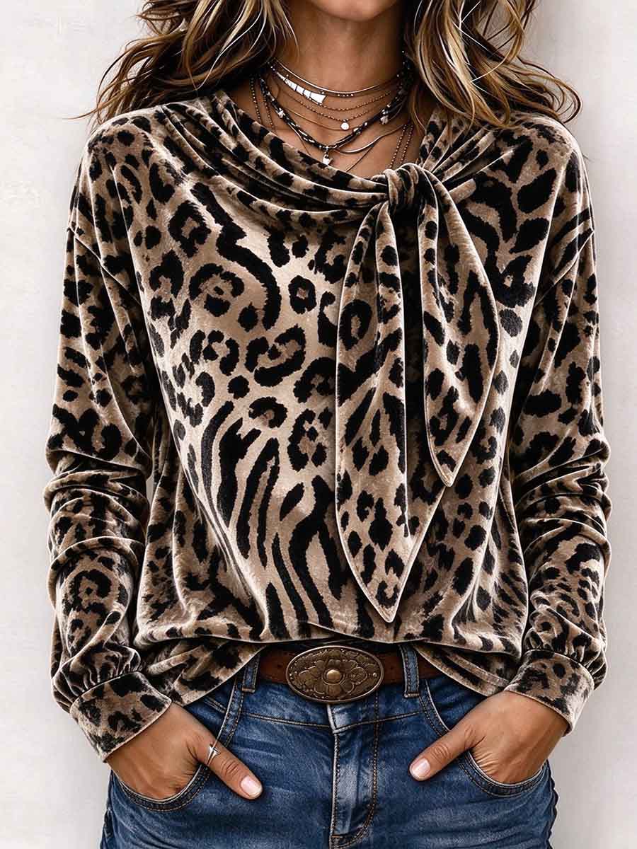Women's Leopard Print Velvet Long Sleeve Tie-neck Top