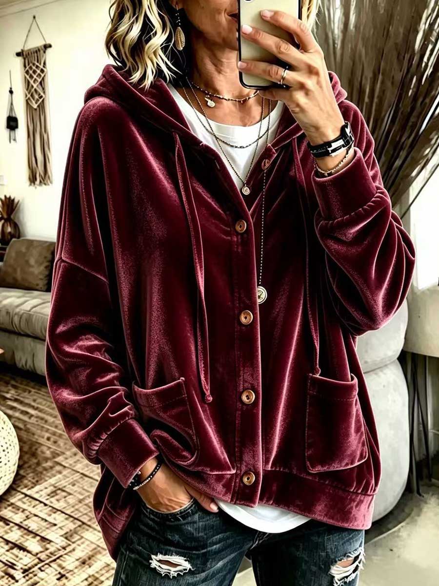 Women's Solid Color V-neck Long-sleeve Casual Loose Hooded Velour Cardigan