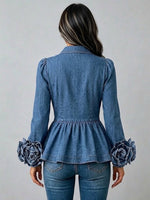 Chic And Exquisite Denim Top Featuring 3d Floral Details On The Cuffs And A Ruffled Hem.