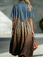 Women’s Denim Spliced Gradient Leopard Print Shirt Midi Dress