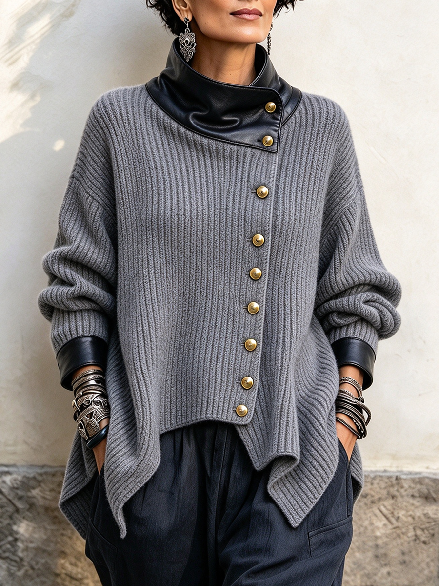 Cozy Stylish Faux Leather Knit Cardigan Jacket