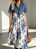 Women's Collared Short-sleeved Denim Patchwork Retro Print Cotton And Linen Dress