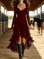 Western Style Black Lace High-Low Ruffle Dress