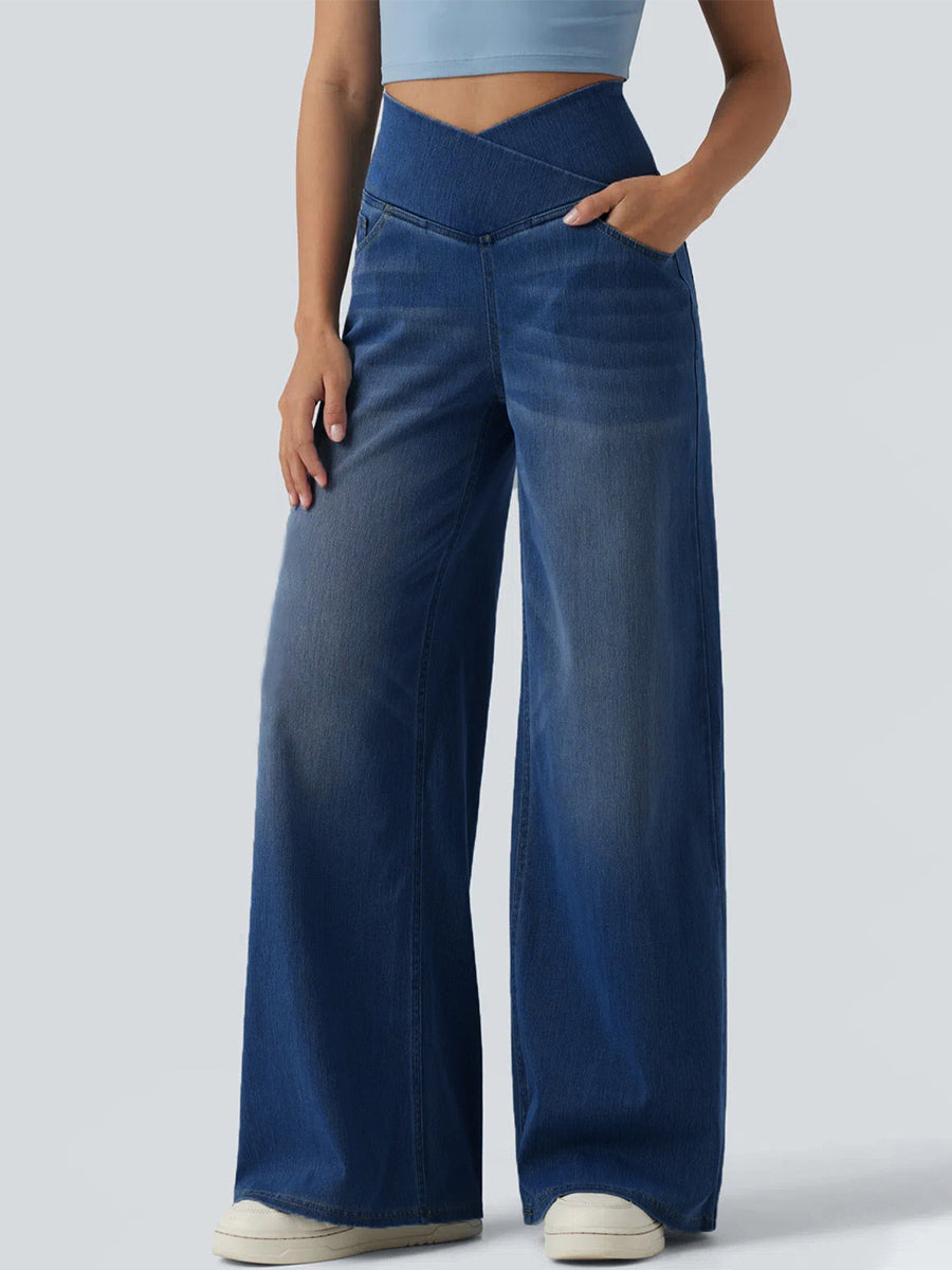 Trendy Crossover Waist High-stretch Wide-leg Jeans
