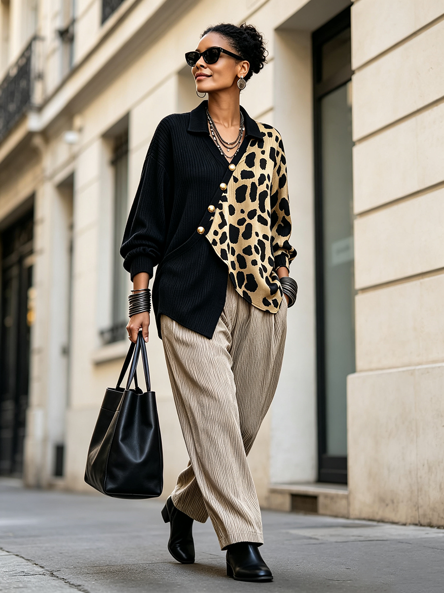 Chic Bold Leopard Color-block Asymmetric Sweater