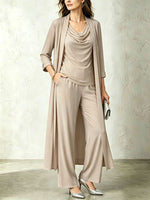 Chic Slate Blue Cowl-neck Top, Duster Cardigan & Flowing Wide-leg Pants
