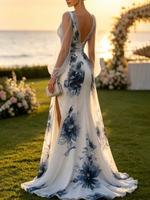 Elegant Ink-wash Print V-neck Slit Evening Dress