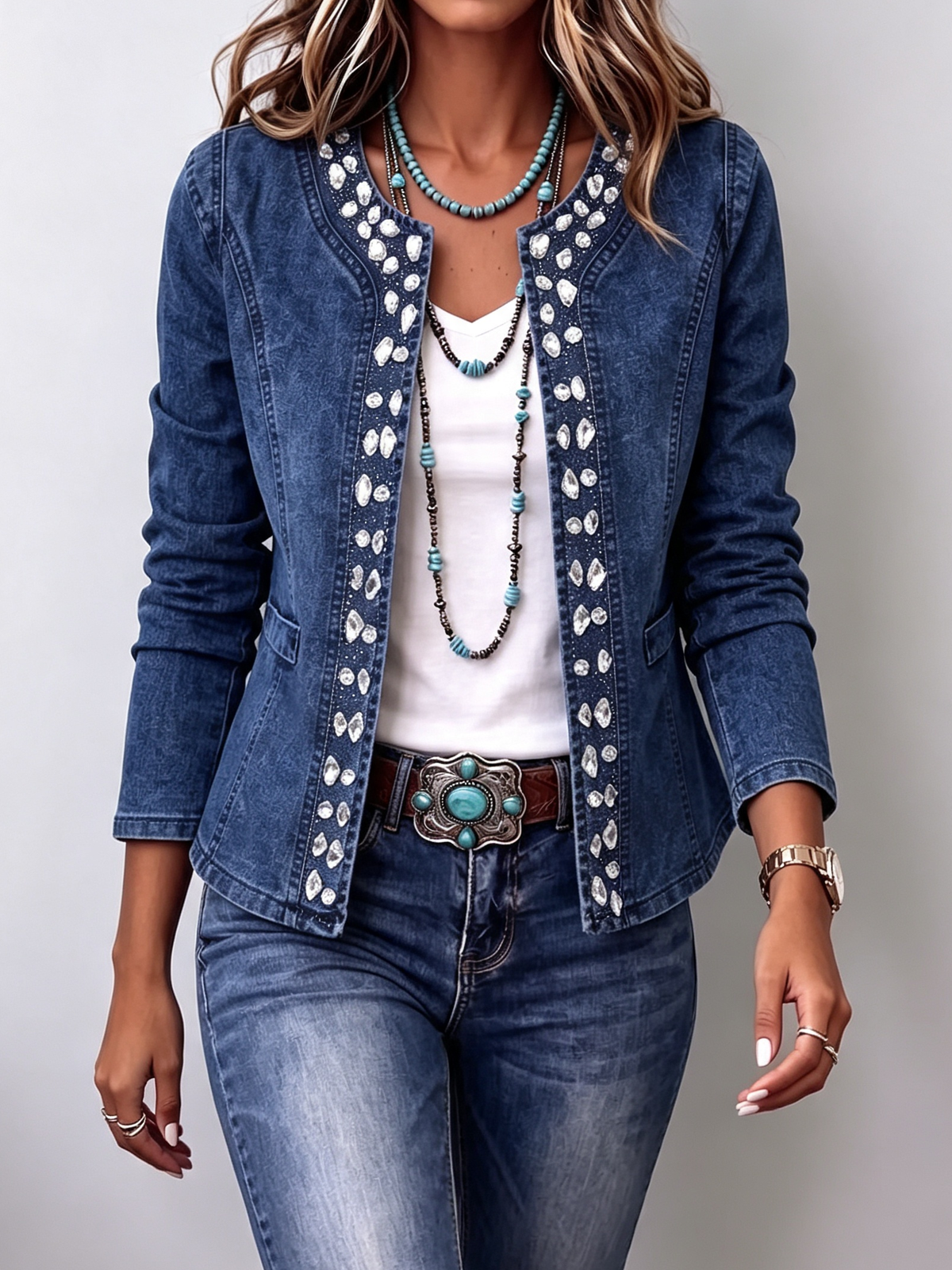 Elegant Rhinestone Trim Stretch Denim Jacket