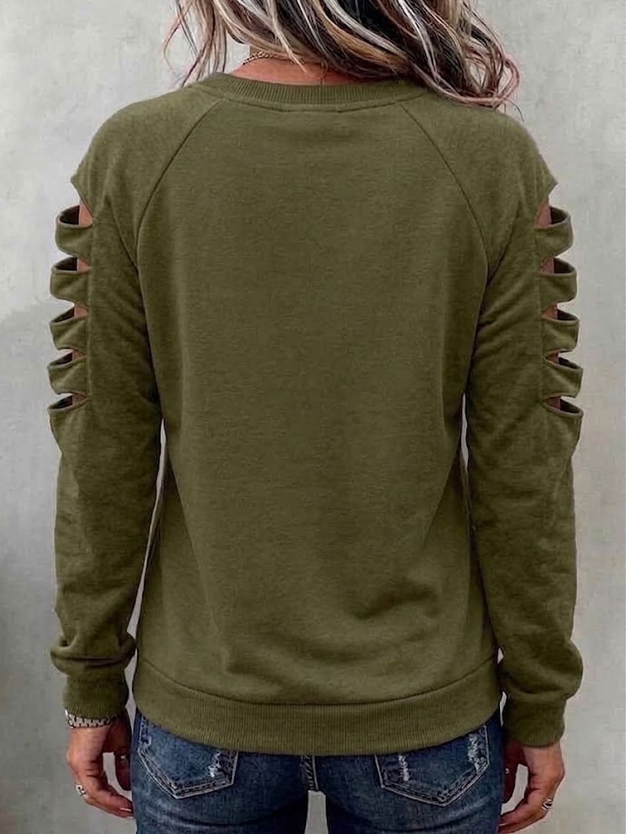 Leopard Print Spliced Cutout Sleeve Round Neck Long Sleeve Top
