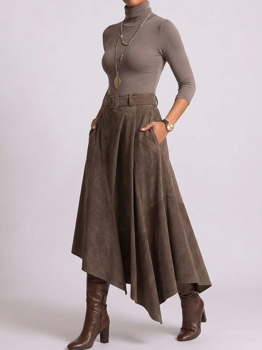 Women's 2-piece Set: Solid-color Stand-collar Long-sleeve Loose Base Layer Top & High-waisted Loose Faux Suede A-line Skirt With Asymmetrical Hem