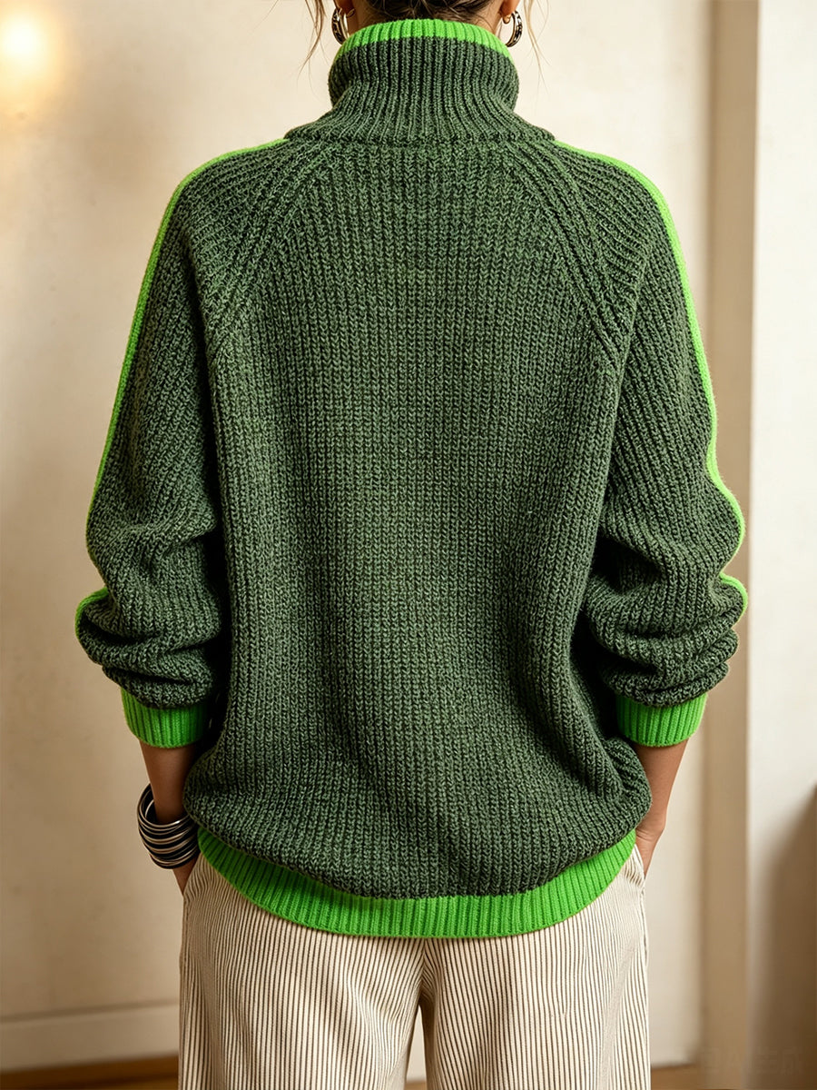 Cozy Contrast Stripe Turtleneck Knit Sweater