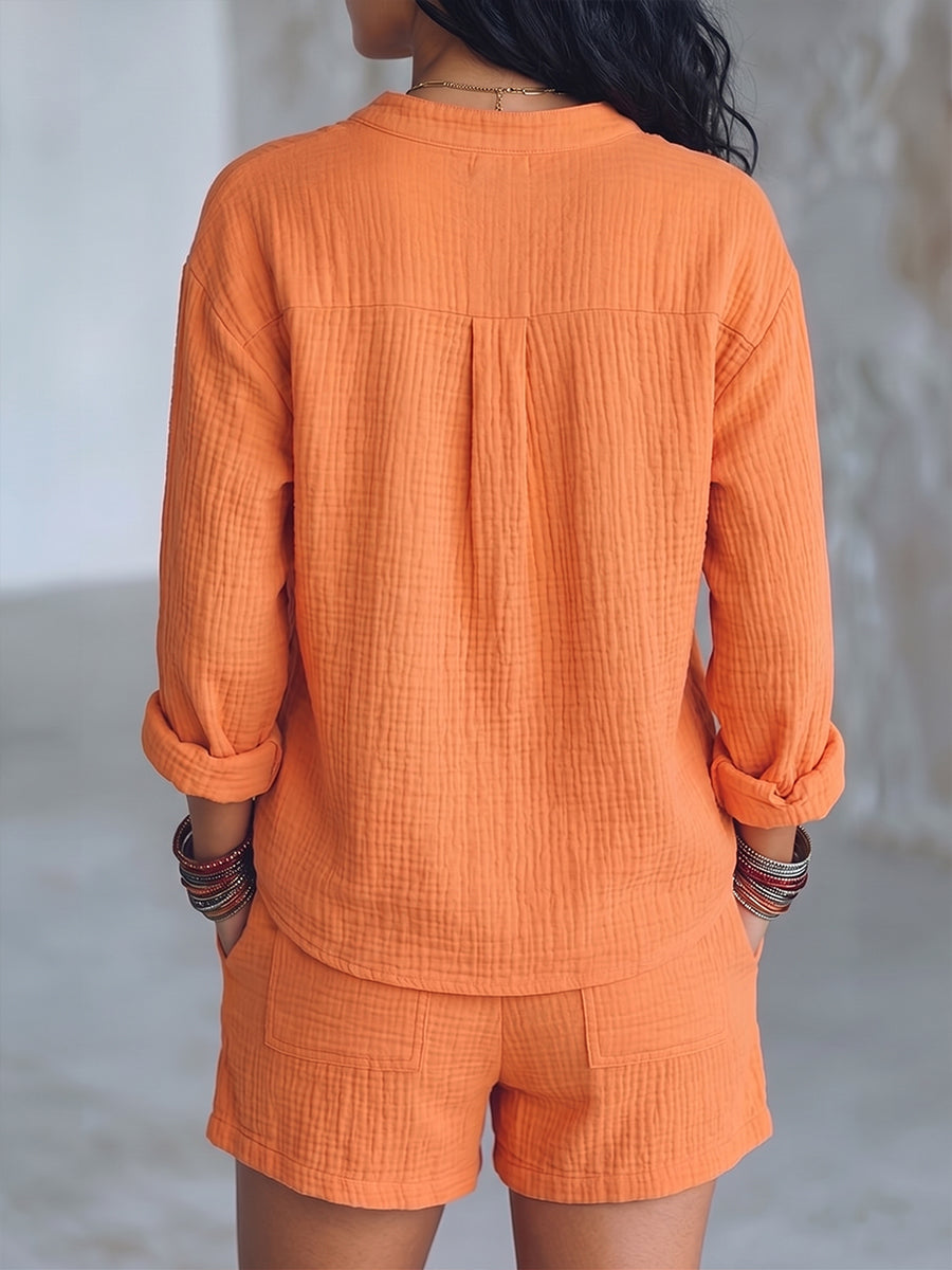 Vibrant Crinkle Cotton Henley Top & Relaxed Shorts Set