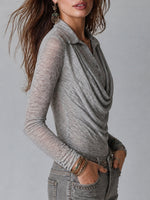 Sheer Knit Polo Shirt With A Draped, Stacked Collar