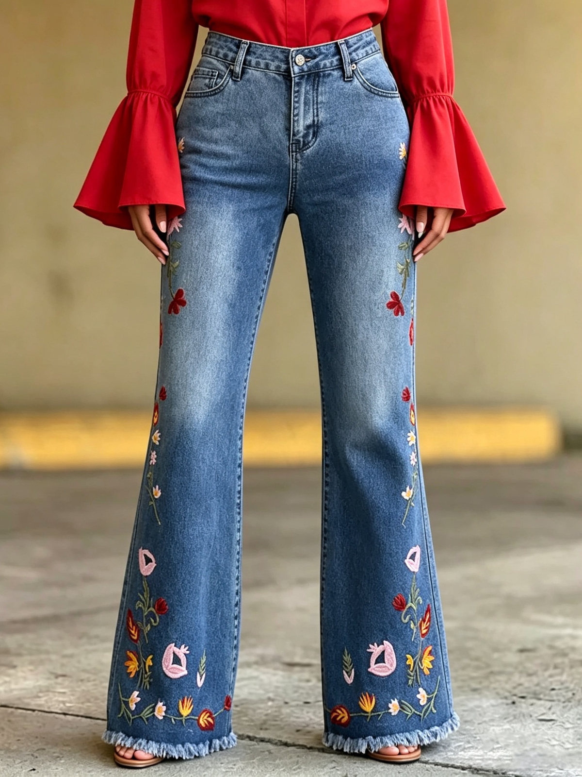Boho Floral Embroidered Stretch Flare Jeans