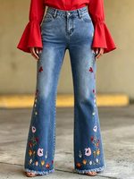 Boho Floral Embroidered Stretch Flare Jeans