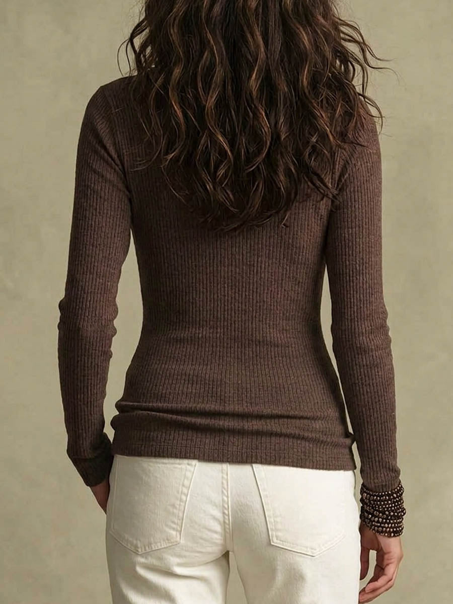 Women's Ribbed Knit Faux Wrap V-neck Ruched Long Sleeve Top