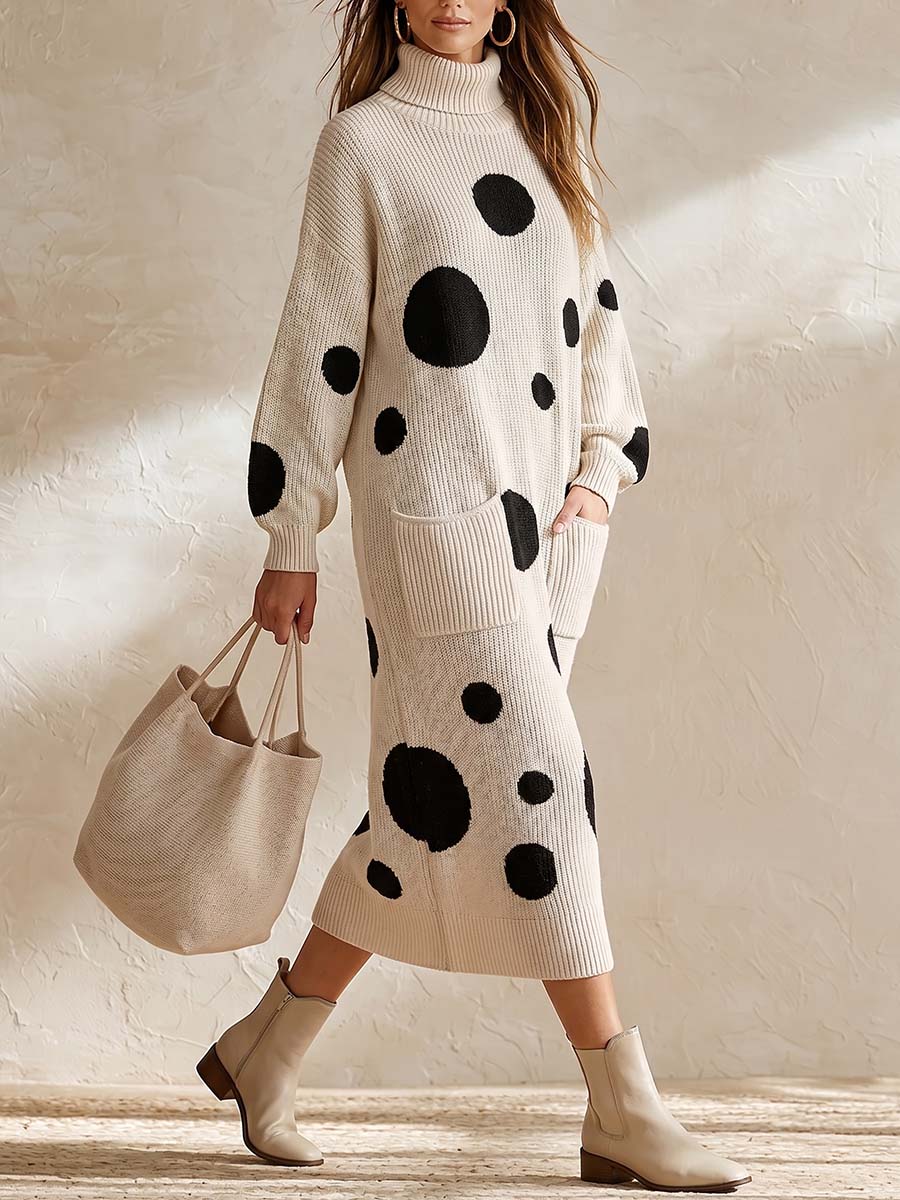 Women's Casual Loose-fit Long-sleeve Polka-dot Knit Dress With Turtleneck