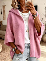 Women's Solid-Color V-Neck 3/4 Sleeve Loose-Fit Hooded Knit Cardigan