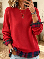 Waffle-knit Faux-layered Plaid-panel Crewneck Sweatshirt