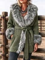 Chic Luxurious Faux Fur Trim Belted Cardigan Jacket
