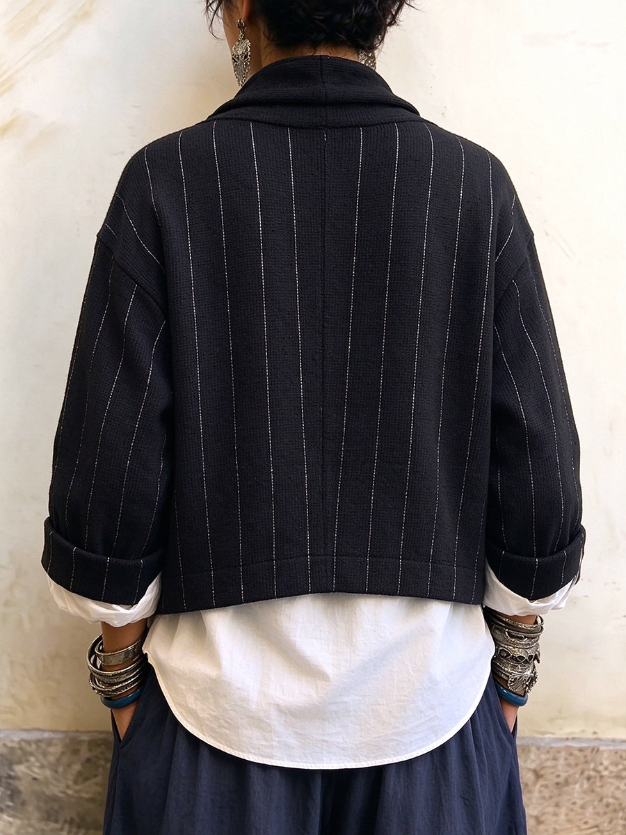 Cozy Pinstripe Draped Wrap Cardigan