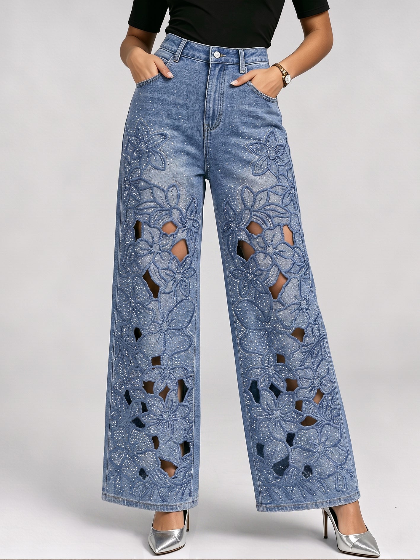Delicate Casual Hollow-out Embroidered Rhinestone Jeans