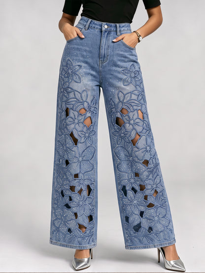 Delicate Casual Hollow-out Embroidered Rhinestone Jeans
