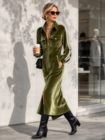 Casual Olive Green Velvet Zip-front Midi Dress