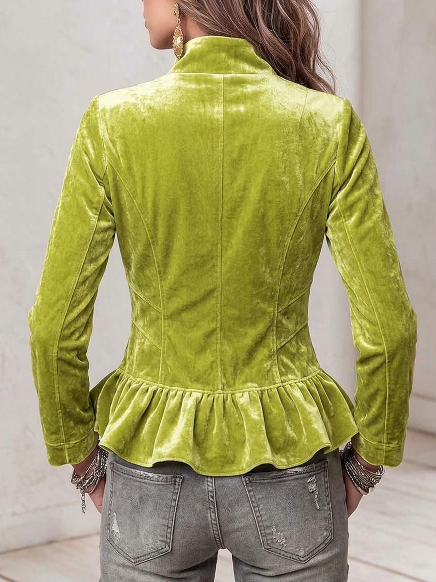 Women's Solid-Color Stand-Collar Long-Sleeve Slim-Fit Casual Velvet Jacket