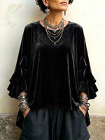 Velvet Ruffle-trim Flared-sleeve Crew-neck Top