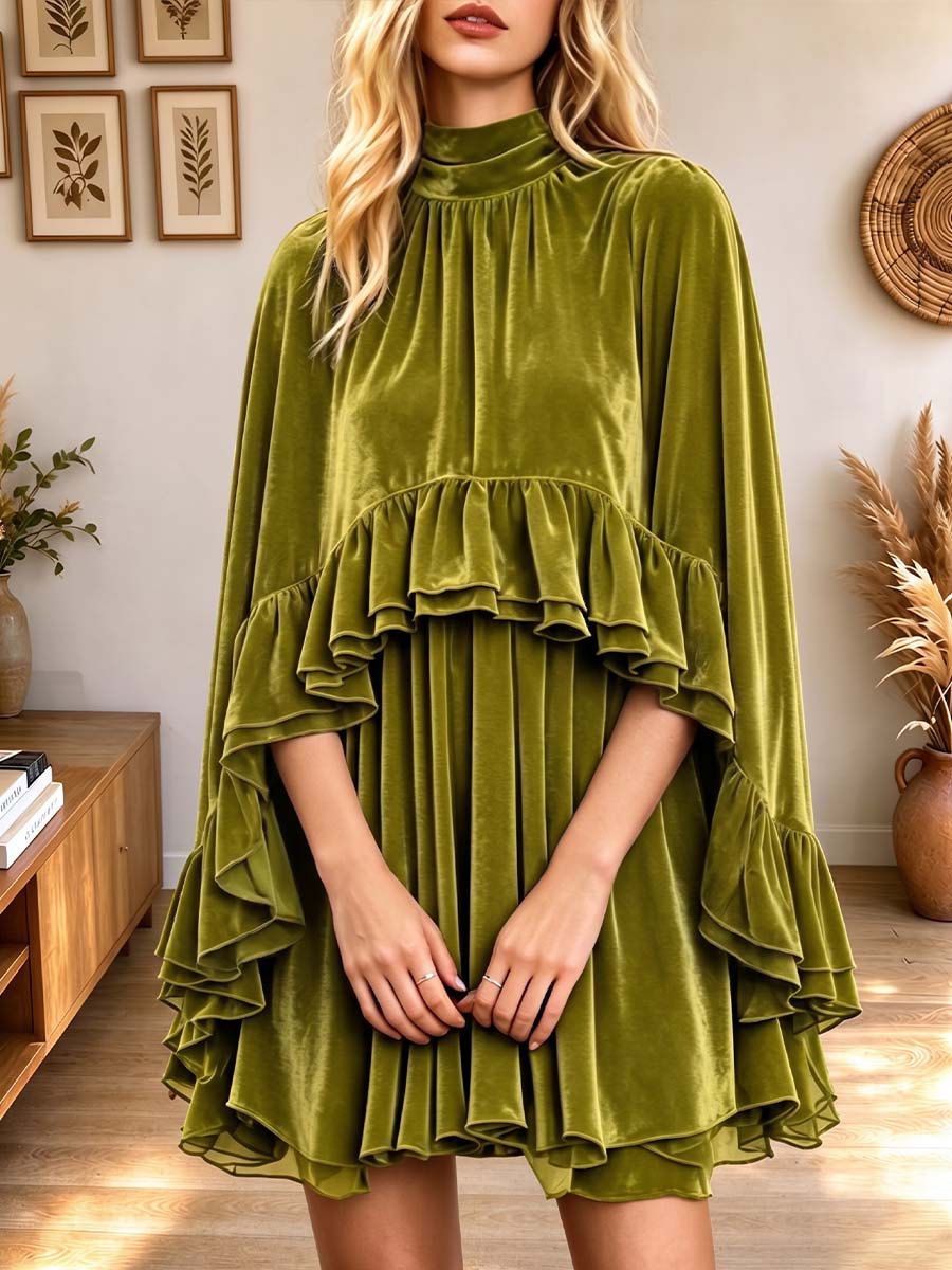 Elegant Olive Green Velvet 2-piece Dress Set: Ruffled Mock Neck Cape Overlay & Cami Mini Dress