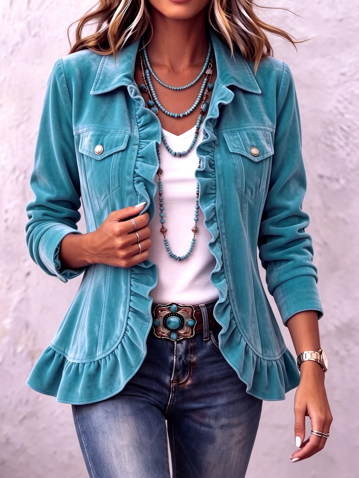 Chic Western Boho Ruffled Velvet Jacket