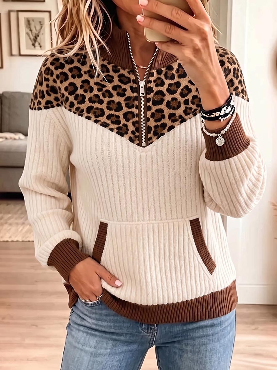 Women's Loose-fit Knit Top With Stand Collar Long Sleeves And Leopard Print Panels