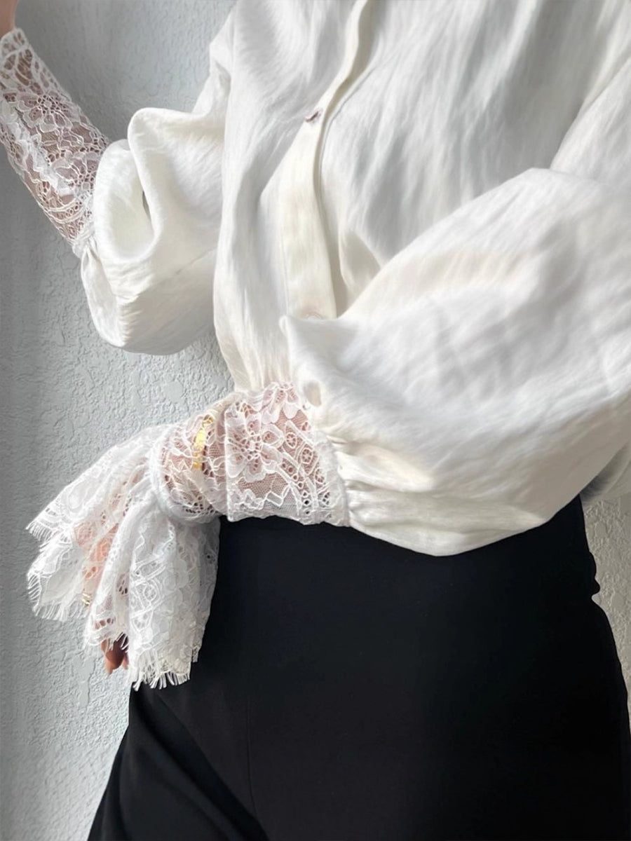 Elegant Lace-Paneled Bishop Sleeve Blouse