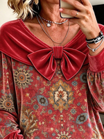 Vintage Boho Floral Velvet Bow Print Casual Holiday Top