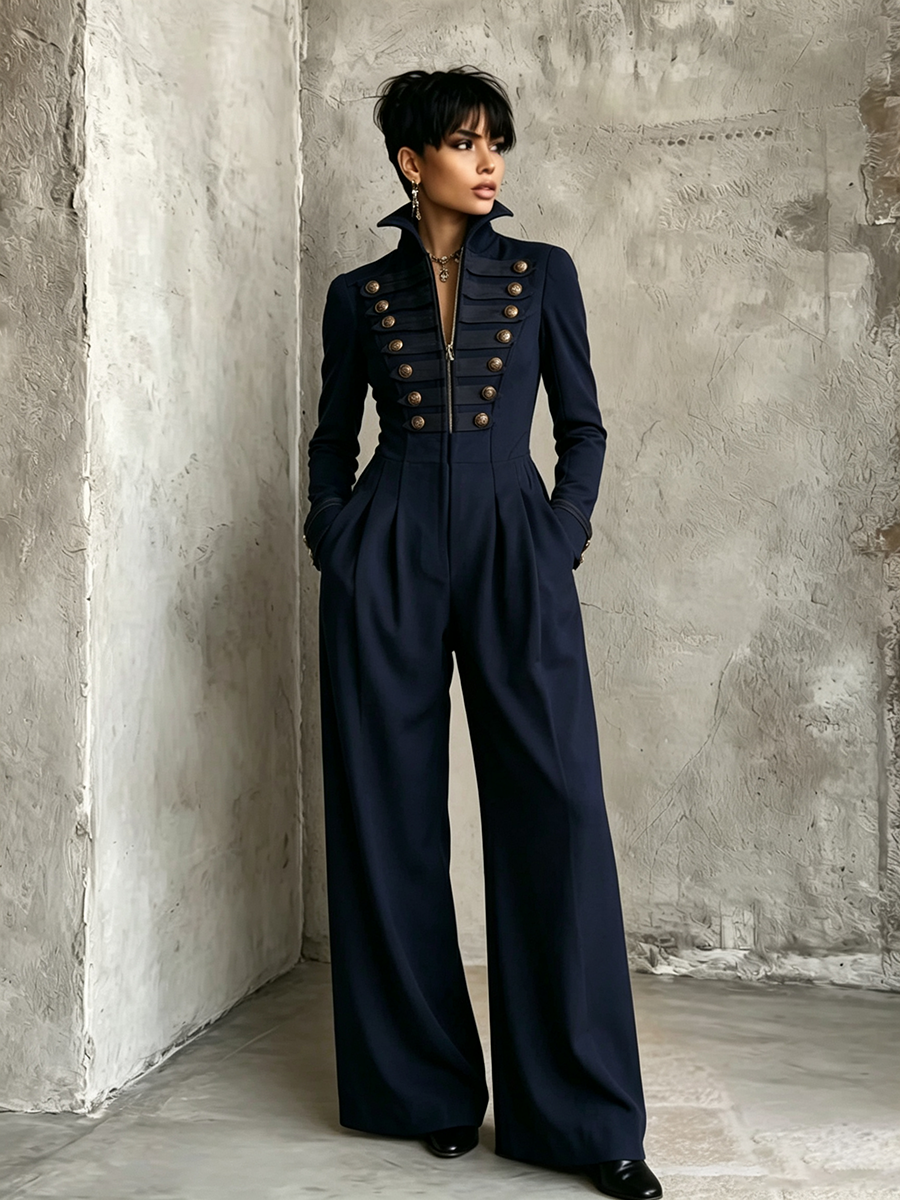 Military-chic Tailored Navy Jumpsuit