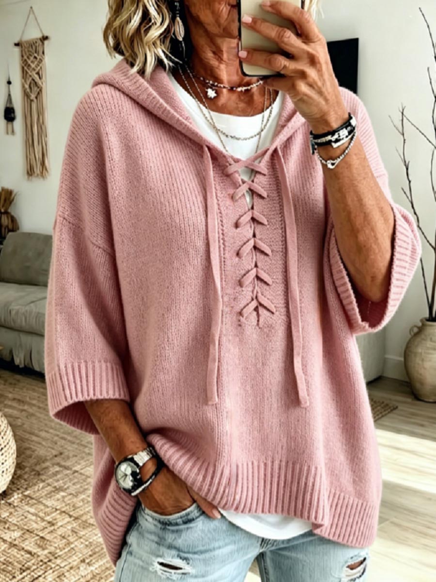 Women's Solid Color V-neck Long-sleeve Casual Loose Hooded Knit Pullover