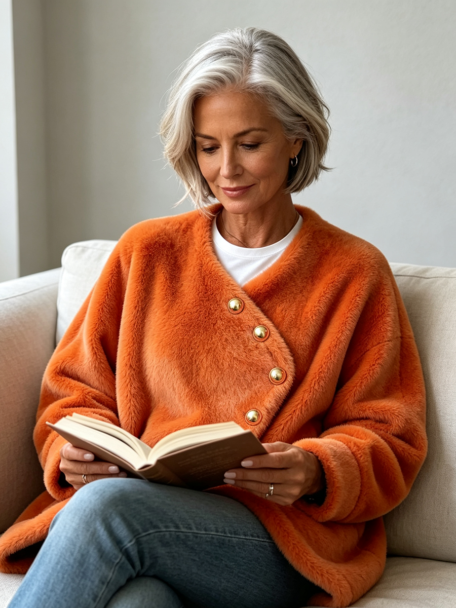 Chic Elegant Orange Fux Fur Asymmetric Coat