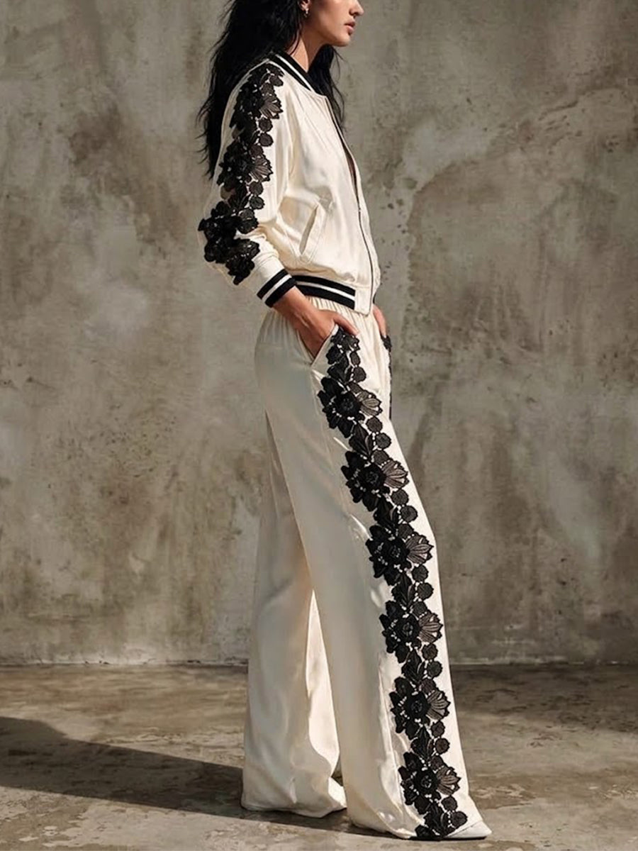 Two-piece Set Featuring A Color-block Lace-panel Baseball Jacket And Wide-leg Trousers