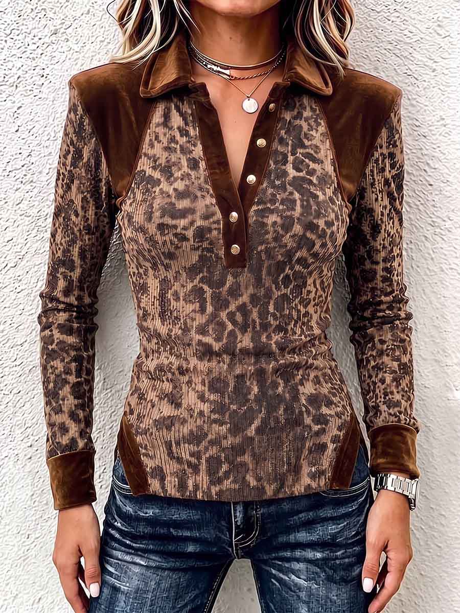 Women's Long-sleeve Slim-fit Velvet Top With Leopard Print Knit Panels And Collar