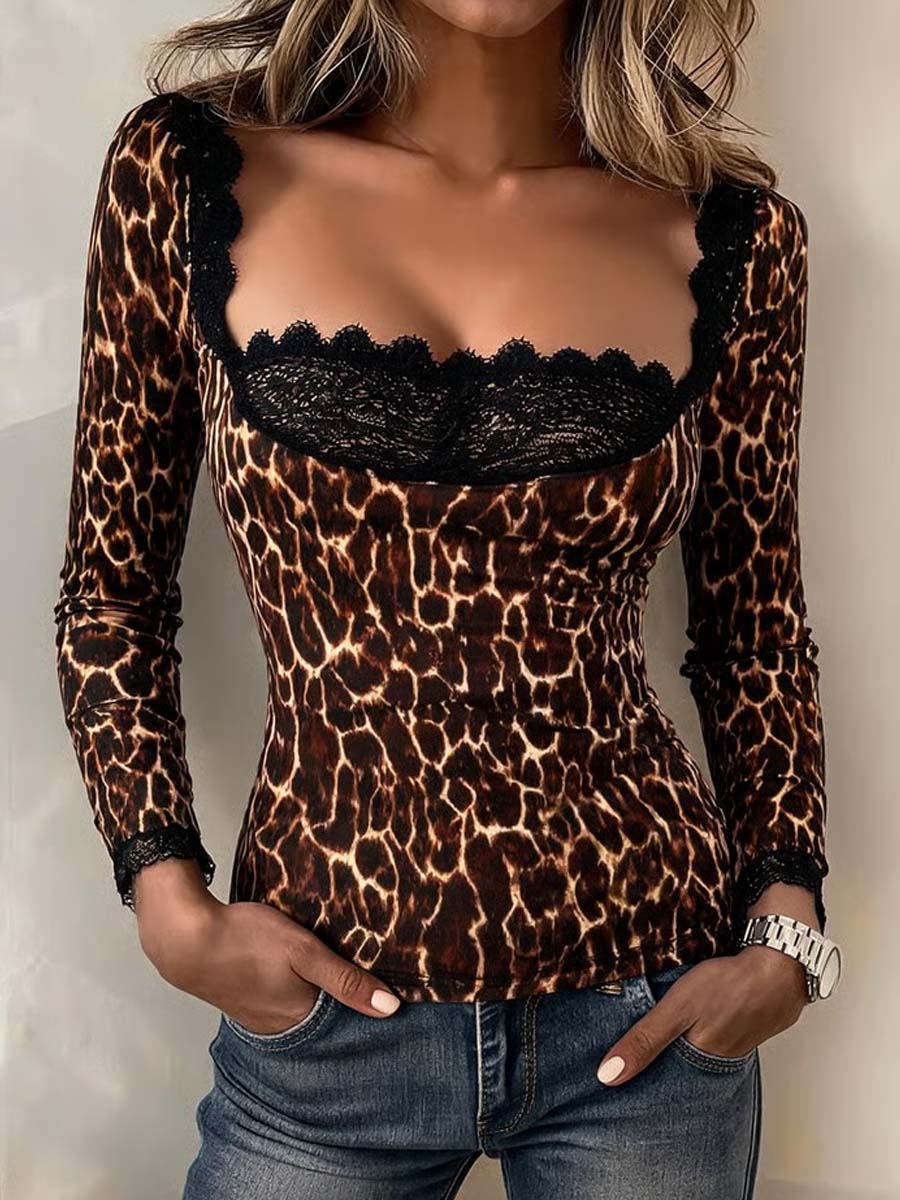 Women's Leopard Print Square-neck Lace-panel Fitted Top
