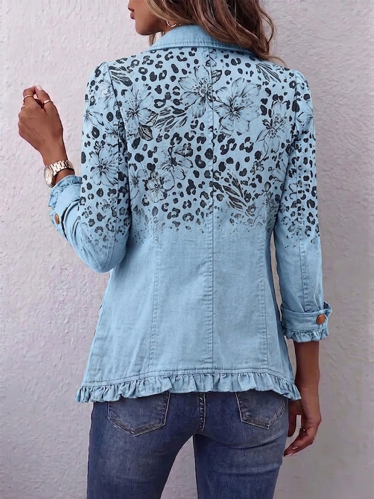 Boho-style Vintage Leopard And Floral Print Ruffle-detail Jacket