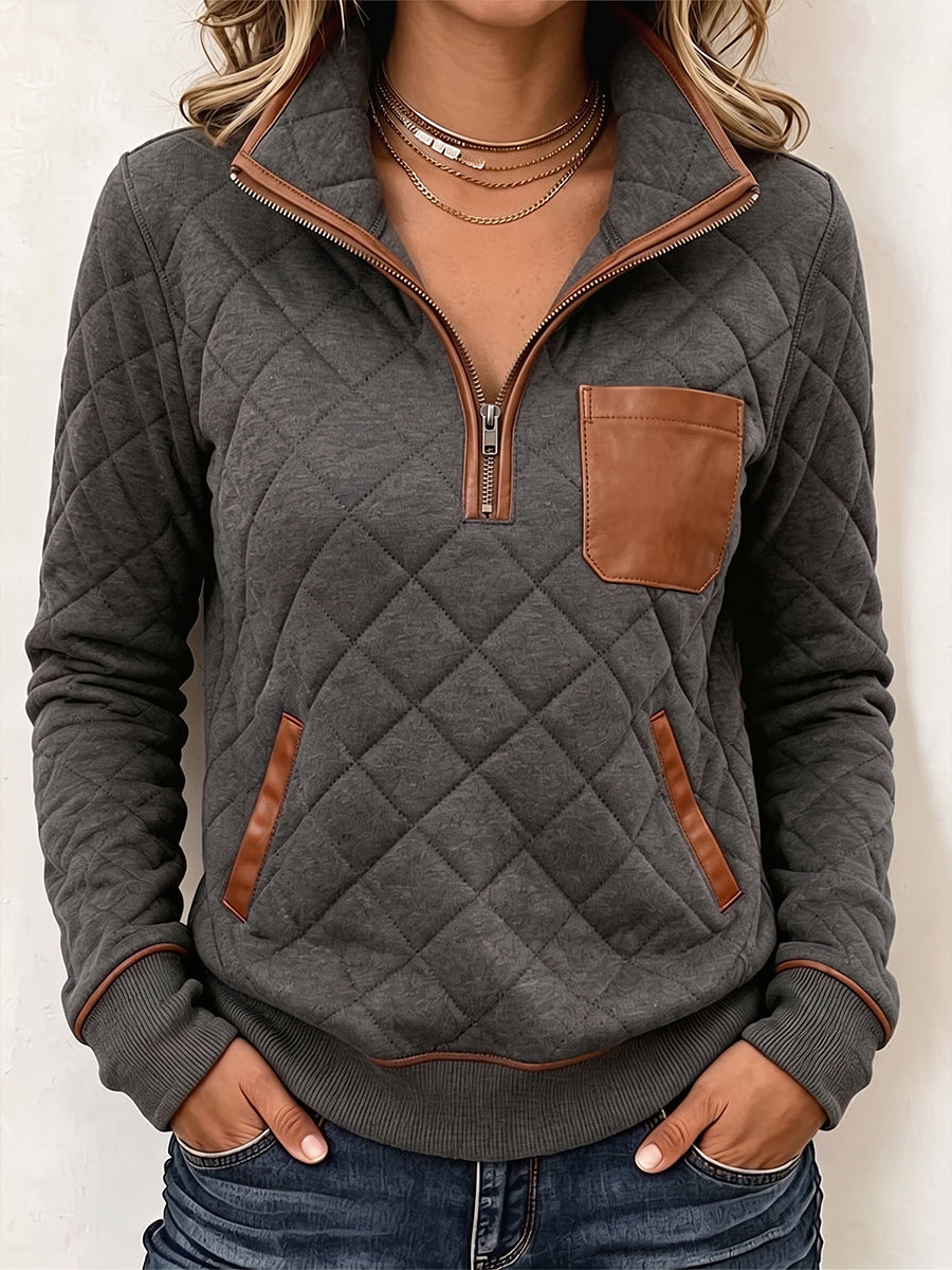 Cozy Quilted Leather-Trimmed Zip Sweatshirt