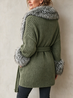 Chic Luxurious Faux Fur Trim Belted Cardigan Jacket